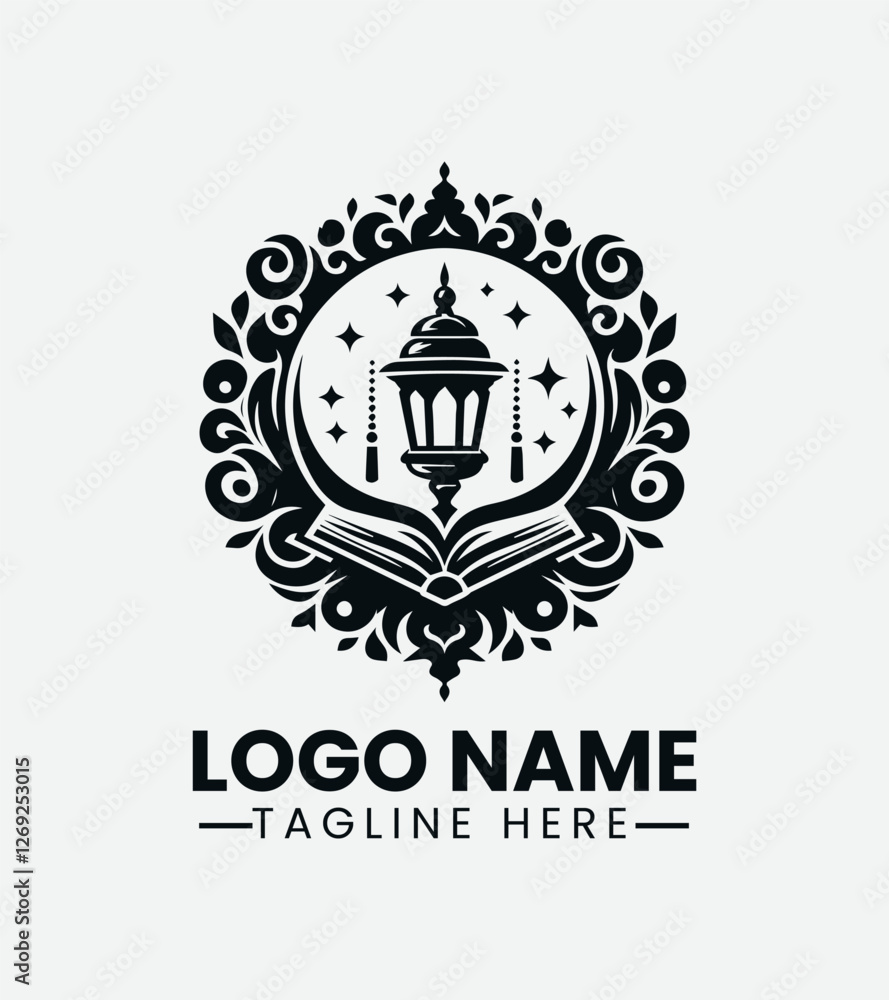 Fototapeta premium Quran and Lamp Logo Design, Islamic Book and Light Logo, Knowledge and Faith Logo, Holy Book and Lamp Logo