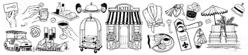 Hotel doodle icon set, vector hand drawn summer vacation villa luxury resort line illustration kit. Building entrance, suite handle, bathroom accessories, restaurant bar drinks, lobby cart. Hotel icon