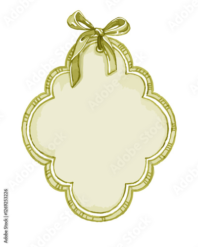 Watercolor vintage frame, vector hand drawn antique invitation label, elegant retro wedding border. Silk ribbon bow, coquettish green greeting decoration badge romantic card. Isolated watercolor frame