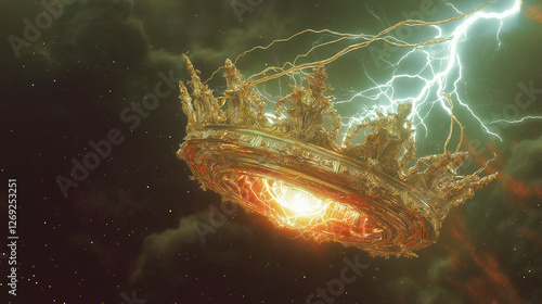 Ornate crown amidst a cosmic storm, symbolizing power and chaos.