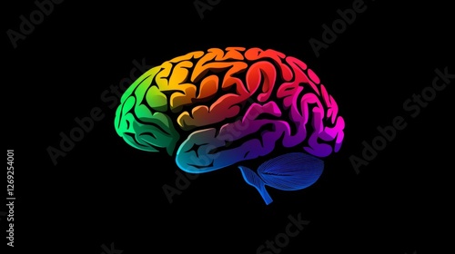 An Al generated illustration of colorful brain isolated on a black background