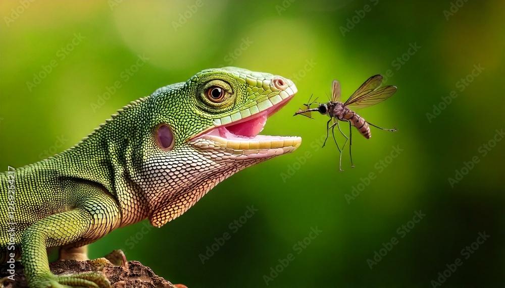 Fototapeta premium lizard eating an insects; bearded dragon lizard; green dragon lizard; chameleon on a branch; 