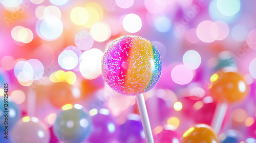 Colorfull candy sweet lollipop on a blurred multi-colored background, with copy space