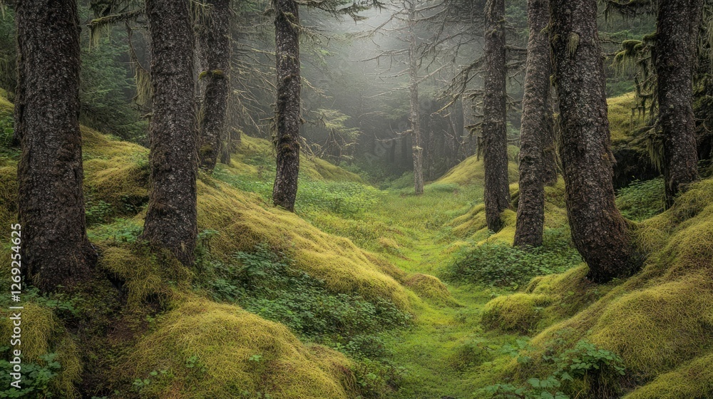Obraz premium Mossy Forest Path Through Tall Trees