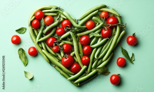 Heart-shaped arrangement of fresh green beans and red tomatoes on a mint green background