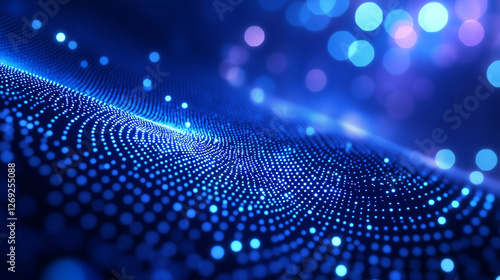 Abstract blue digital background with glowing dots and waves of light, representing the concept of artificial intelligence in technology and science