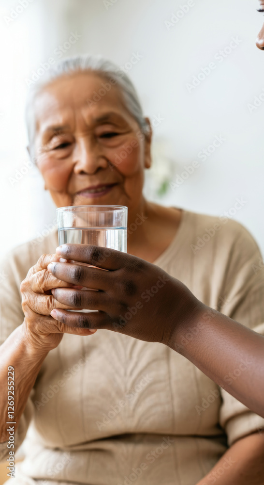 Elderly woman receiving glass of water from caregiver in bright room Elderly woman receiving glass of water from caregiver in bright room