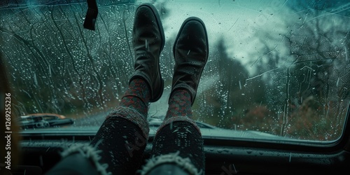 A cozy view from inside a vintage car with rainy scenery, showcasing relaxed legs and stylish footwear against a moody backdrop