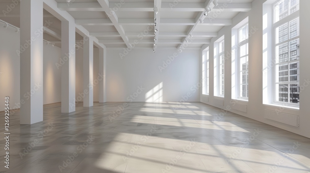 Spacious modern art gallery with natural light streaming through large windows, creating dynamic shadows on the floor Spacious modern art gallery with natural light streaming through large windows, creating dynamic shadows on the floor