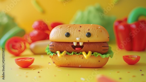 A playful, cartoon-style hot dog character with a smiling face, surrounded by colorful vegetables on a vibrant background