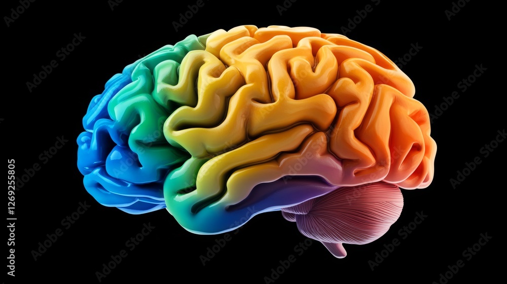 An Al generated illustration of colorful brain isolated on a black background An Al generated illustration of colorful brain isolated on a black background