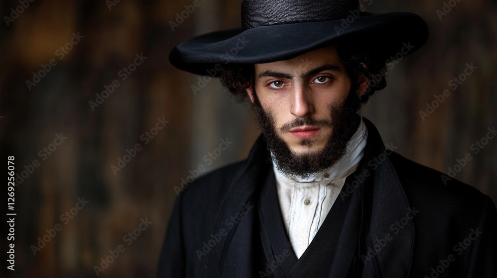 Young man in traditional attire with a hat poses thoughtfully against a rustic background Young man in traditional attire with a hat poses thoughtfully against a rustic background