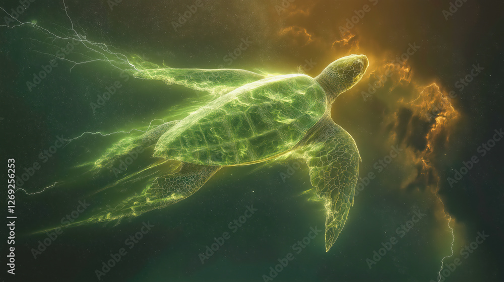 Obraz premium An ethereal sea turtle swims among glowing clouds and bolts of lightning in the ocean.