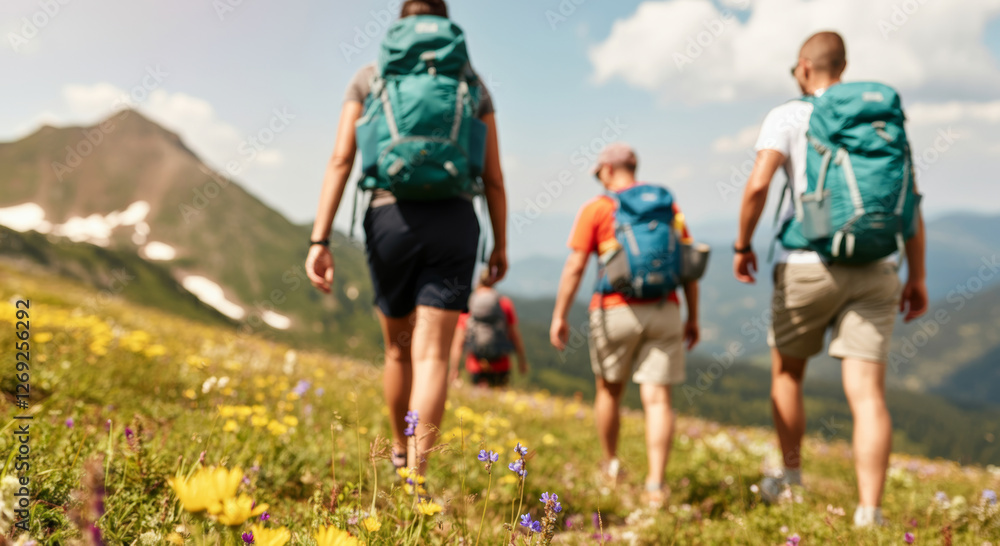 Fototapeta premium Group of hikers with backpacks trekking through a mountain meadow in summer. Eco-tourism, sustainable travel, green tourism, environmental exploration, eco-conscious travel, nature lovers concept