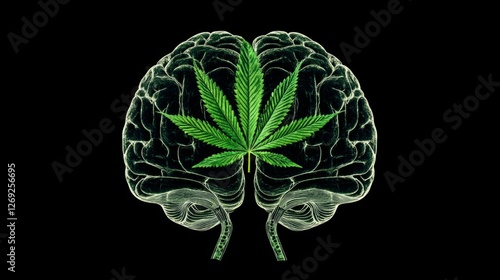 Al generated illustration of human brain with green cannabis leaf isolated on...