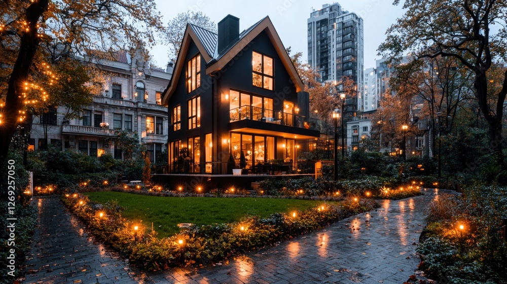 Obraz premium Modern House at Night, Autumn Trees, City Lights, Elegant Exterior, Urban Home, Possible Use for Magazines or Social Media Posts