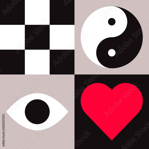 Heart. Eye. Yin Yang. Chess Board. Checkerd pattern illustration. Zen illustration.