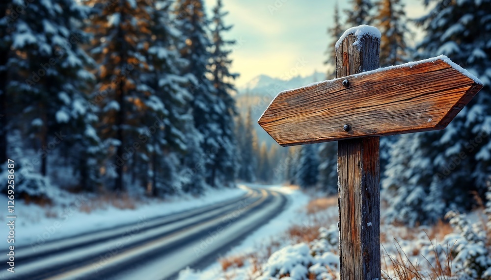 Naklejka premium Winter Road with Wooden Signpost in Snowy Forest Landscape Adventure