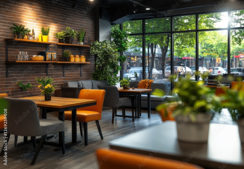 Fototapeta premium Modern Café Interior with Bright Green Plants and Cozy Seating Arrangements in Urban Setting