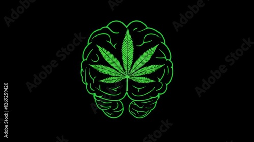 Al generated illustration of human brain with green cannabis leaf isolated on...
