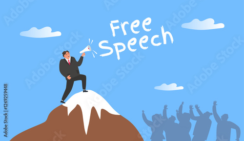 free speech man with megaphone standing on mountain comunication with people vector illustration