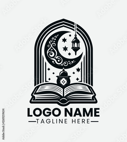 Quran and Lamp Logo Design, Islamic Book and Light Logo, Knowledge and Faith Logo, Holy Book and Lamp Logo