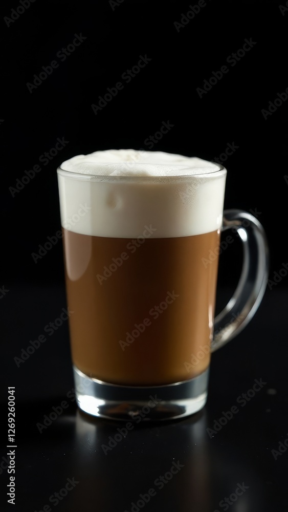 Glass cup of hot cappuccino coffee, latte with whipped cream. Idea for a delicious breakfast at home or in a cafe. Photo minimalism in low key Glass cup of hot cappuccino coffee, latte with whipped cream. Idea for a delicious breakfast at home or in a cafe. Photo minimalism in low key