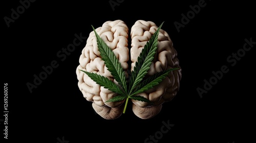 Al generated illustration of human brain with green cannabis leaf isolated on...