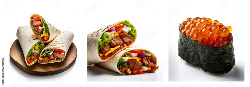 Assorted food featuring savory wraps filled with fresh ingredients served on a wooden plate alongside a piece of sushi topped with vibrant roe. Assorted food featuring savory wraps filled with fresh ingredients served on a wooden plate alongside a piece of sushi topped with vibrant roe.
