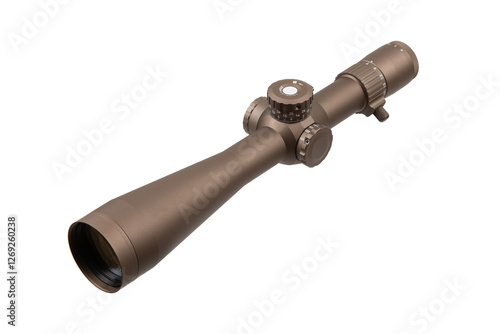 A premium rifle scope in matte brown, equipped with adjustable turrets and a magnification dial, perfect for accurate shooting and hunting, isolated on a white background. photo