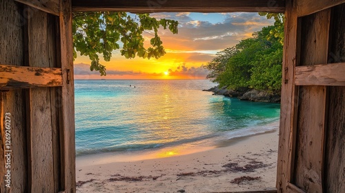 Wallpaper Mural Wooden window frame reveals a tropical sunset beach scene Torontodigital.ca