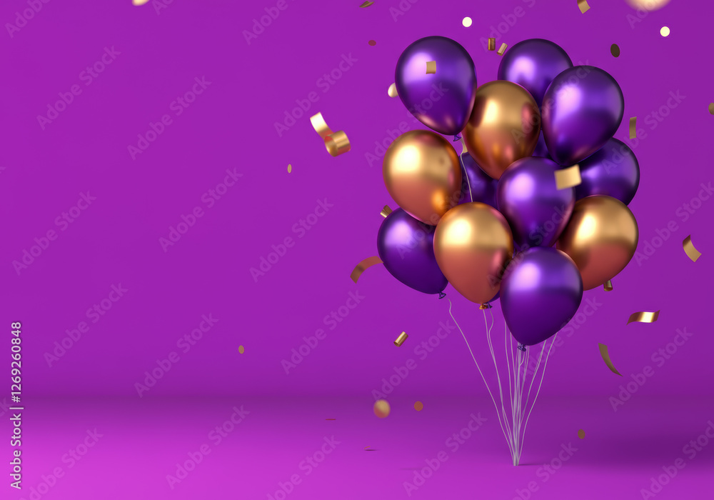 Vibrant purple and gold balloons with confetti on solid background Vibrant purple and gold balloons with confetti on solid background