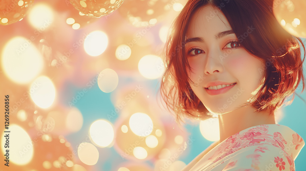Smiling Woman in Yukata with Bokeh Lights Smiling Woman in Yukata with Bokeh Lights