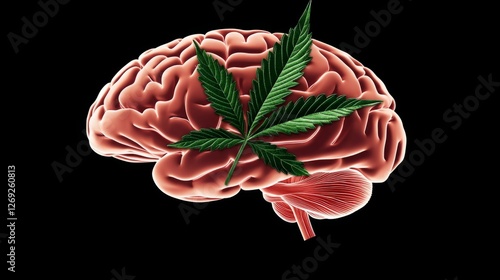 Al generated illustration of human brain with green cannabis leaf isolated on...