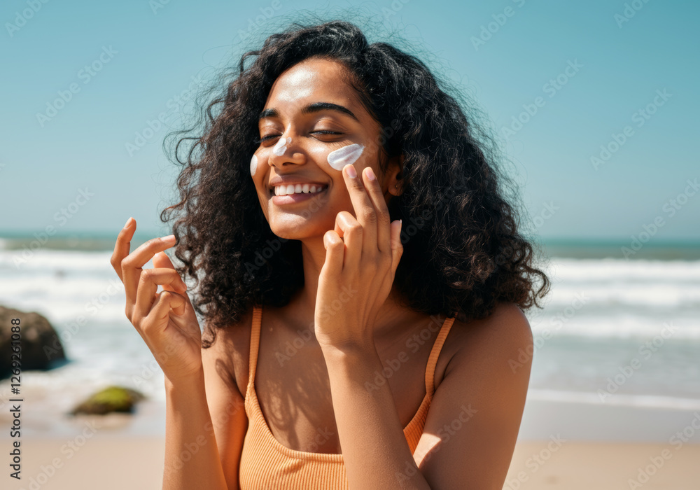 Fototapeta premium Smiling young Indian woman applying sunscreen at the beach on a sunny day