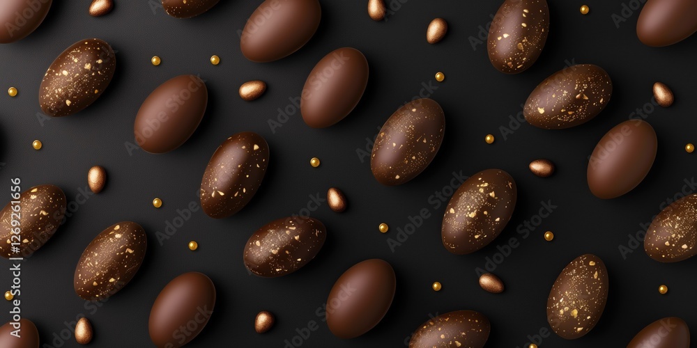 Assorted chocolate Easter eggs with gold splatter on black background Assorted chocolate Easter eggs with gold splatter on black background