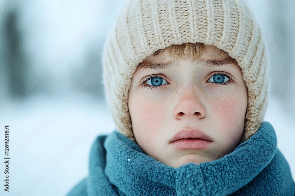 Snowy landscape portrait a close-up of a child's emotion and innocence in winter Snowy landscape portrait a close-up of a child's emotion and innocence in winter