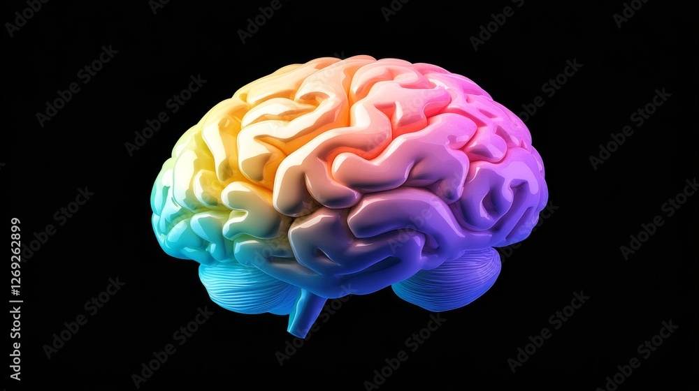 An Al generated illustration of colorful brain isolated on a black background An Al generated illustration of colorful brain isolated on a black background
