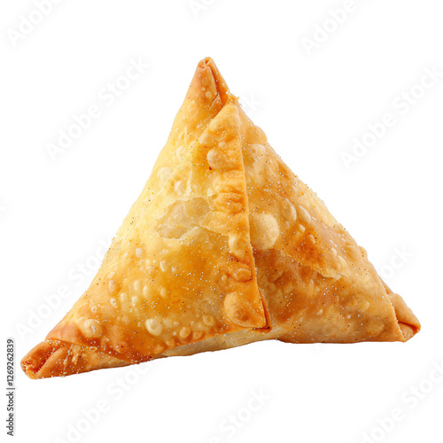 Delicious closeup fried Indian samosas isolated on white or transparent background