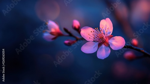 Pink blossom branch, sunset bokeh, spring bloom, nature beauty, website banner photo