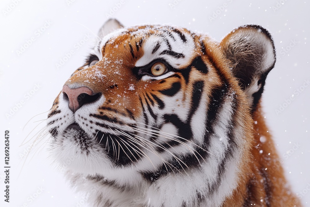 Obraz premium A close-up of a majestic tiger covered in snow, gazing thoughtfully into the distance with a snowy backdrop. Its striking orange and black stripes are clearly visible.