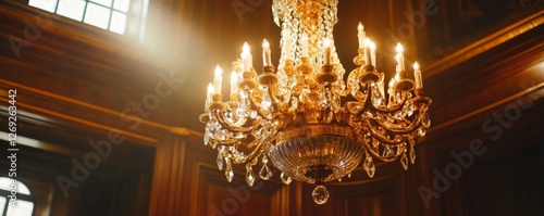 Crystal Chandelier in Luxurious Wooden Room photo