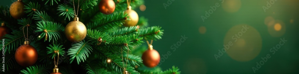 Full, vibrant green Christmas tree adorned with rich gold decorations , ornaments, pine Full, vibrant green Christmas tree adorned with rich gold decorations , ornaments, pine