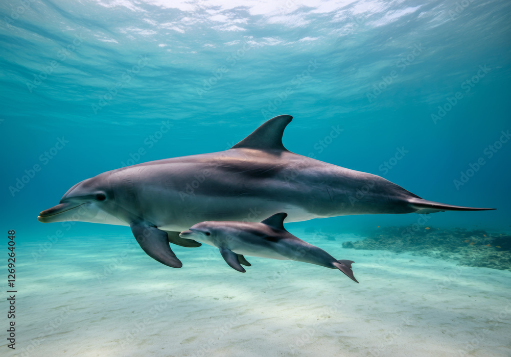 Fototapeta premium Mother and calf dolphins swimming gracefully in clear ocean waters under sunlight