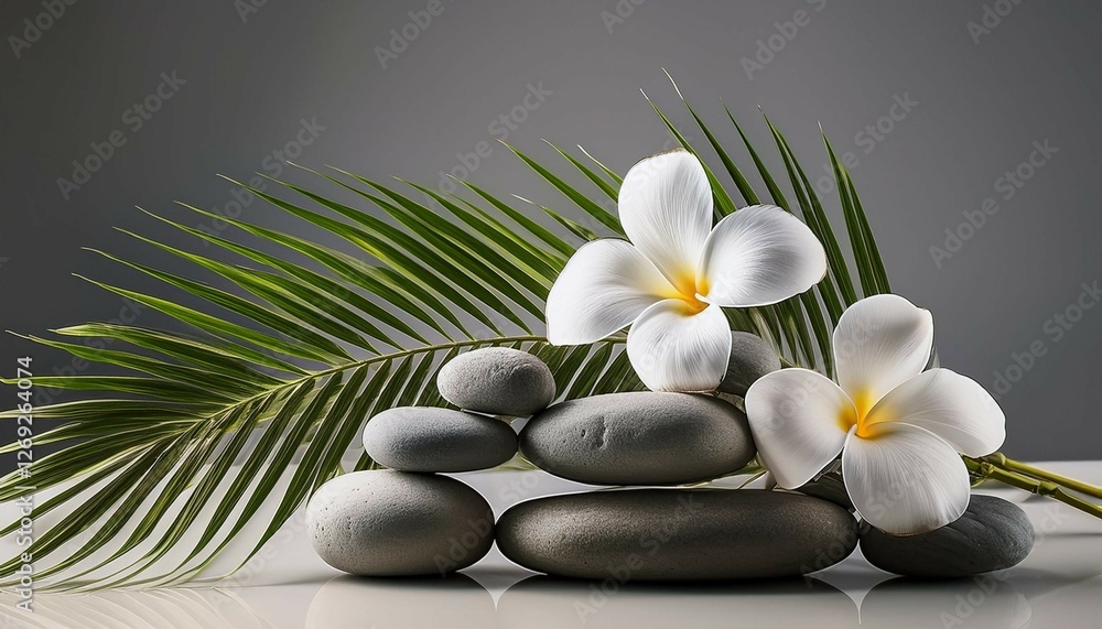 spa stones with palm branch and flowers on grey background spa concept spa stones with palm branch and flowers on grey background spa concept