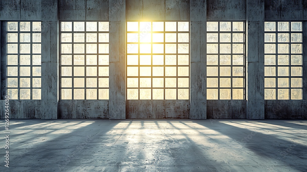 Sunlit industrial warehouse interior, empty space, sunrise, design backdrop Sunlit industrial warehouse interior, empty space, sunrise, design backdrop
