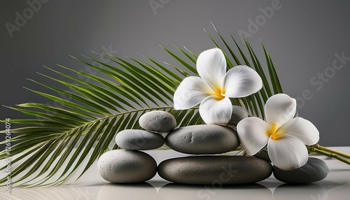 spa stones with palm branch and flowers on grey background spa concept
