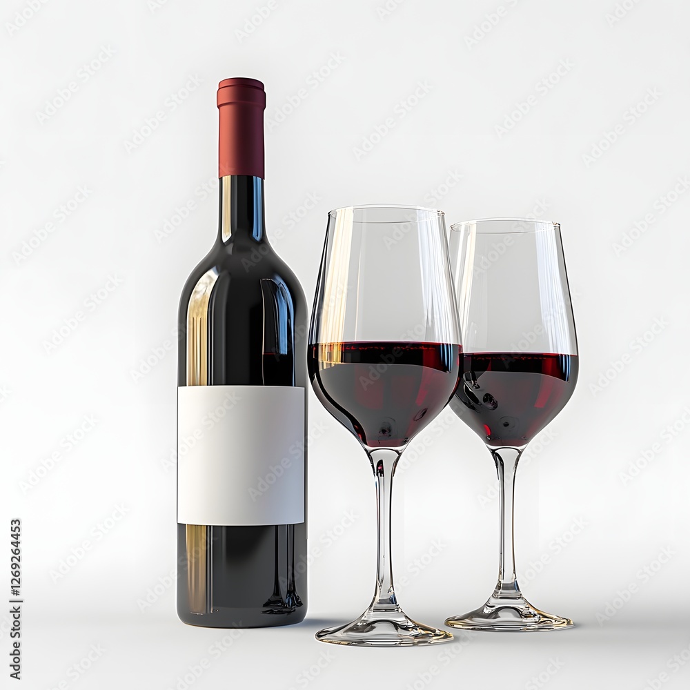 Elegant Red Wine Bottle and Glasses on White Background Elegant Red Wine Bottle and Glasses on White Background
