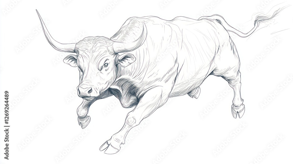Fototapeta premium Running bull, black and white line drawing, graphic design, stock illustration