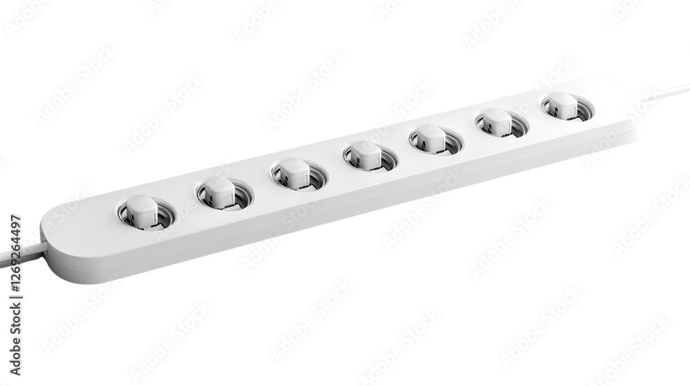 Electrical Power Strip: A modern, minimalist white power strip, featuring multiple outlets ready to provide efficient electrical distribution. Electrical Power Strip: A modern, minimalist white power strip, featuring multiple outlets ready to provide efficient electrical distribution.